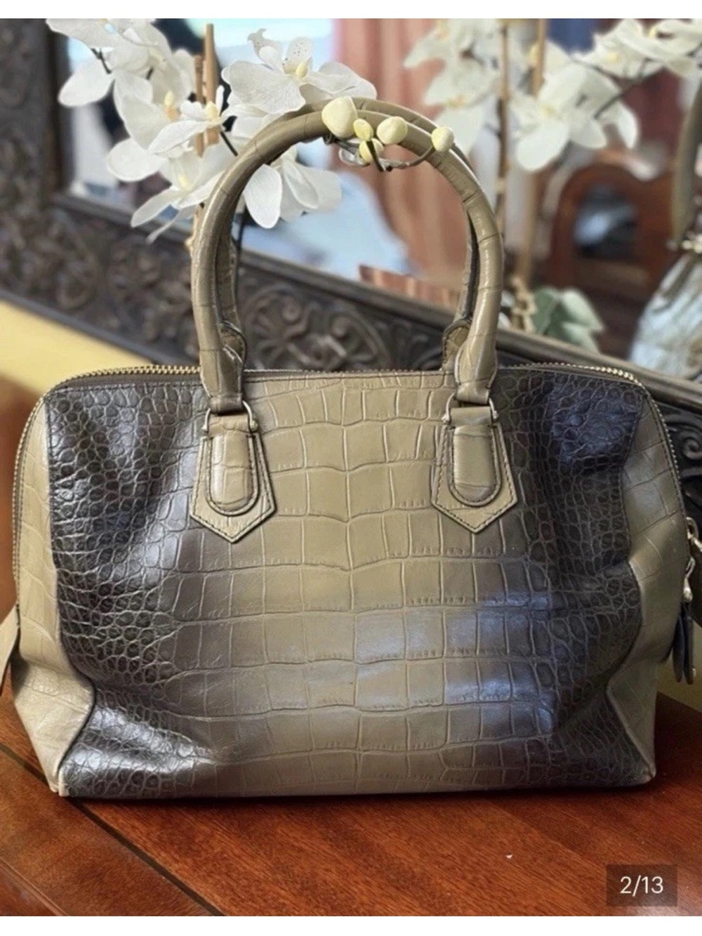Henri Bendel Croc-Embossed Leather Satchel Olive/Black - Picture 2 of 15